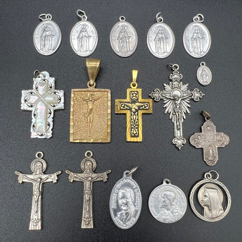 Vintage Religious Jewelry Lot of 16 Pendants Cross Crucifix Miraculous Medals