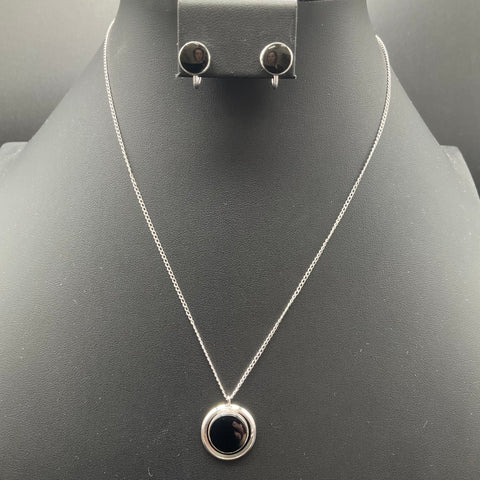 Van Dell Vintage Mid-Century Silver Alloy Black Stone Necklace & Earring Set