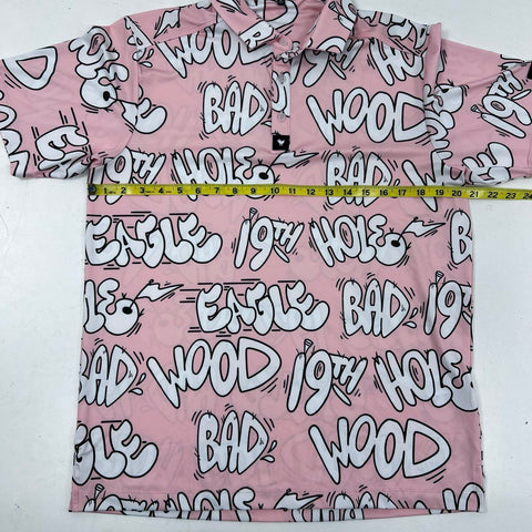 Bad Birdie Men's Pink Bad Wood Graffiti Print Performance Golf Polo Shirt Sz M
