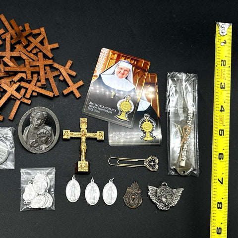 Catholic Religious Lot Medals Wooden Crosses Mezuzah Mother Angelica Pins 45pc