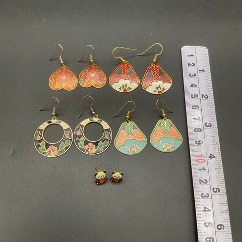 Vintage Cloisonne Enamel Earring Lot 5 Pairs Floral Panda Heart Drop Stud