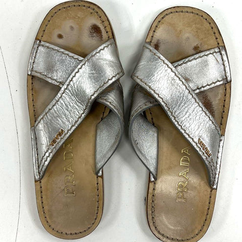 Prada Metallic Silver Leather Criss Cross Platform Slide Sandals Size 37