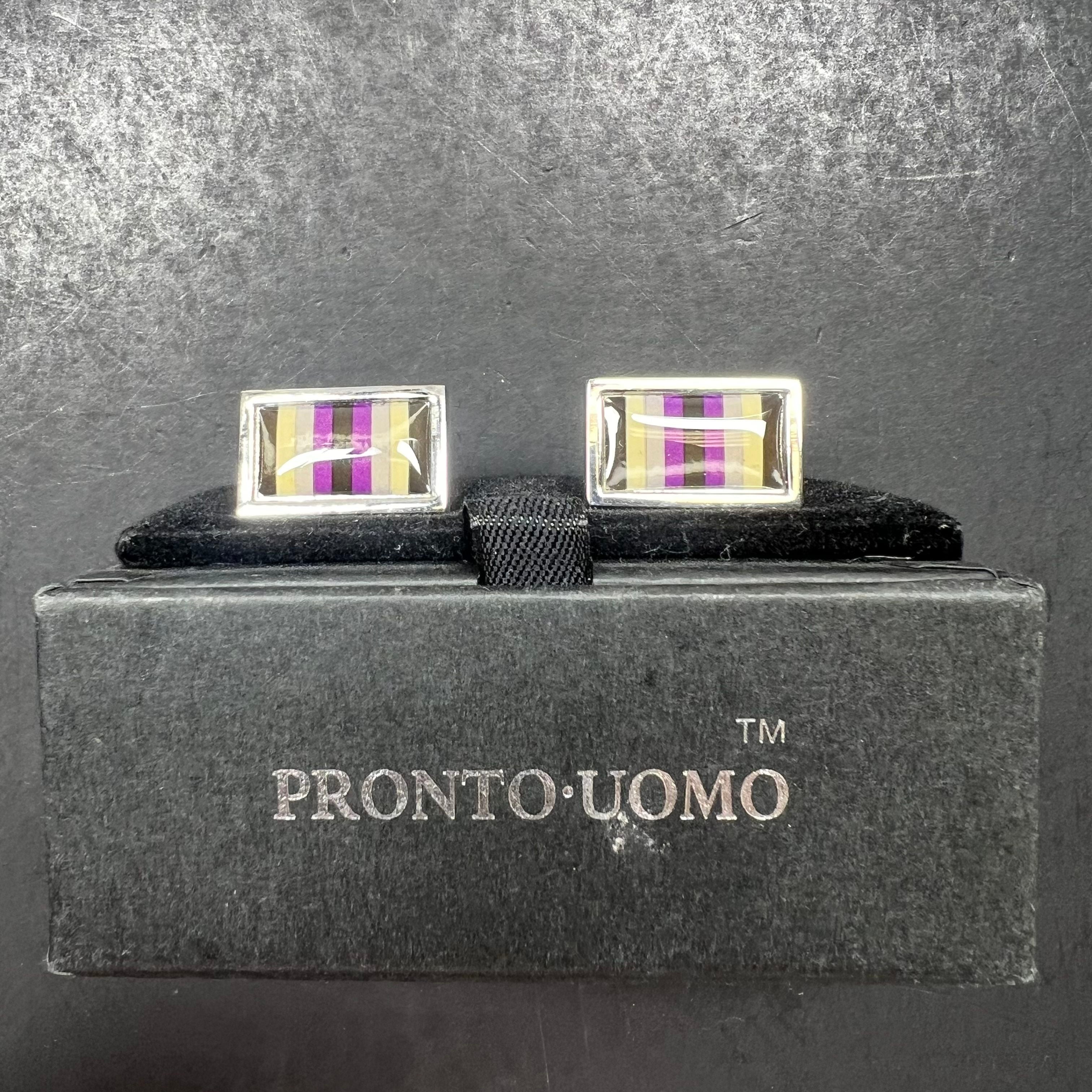 Pronto Uomo Rectangular Silver Tone Purple Stripes Cuff Links IOB