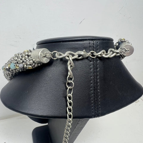 ZARA Glitzy Beaded Statement Collar Necklace Adjustable Silver Tone Signed