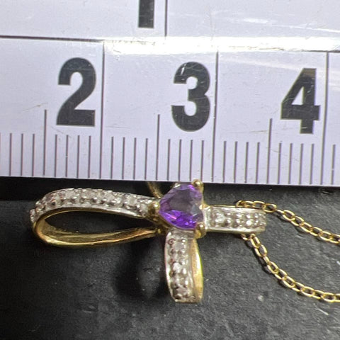 Vermeil 925 Sterling Silver Purple & Clear Gemstone Cross Pendant Necklace 1.96g