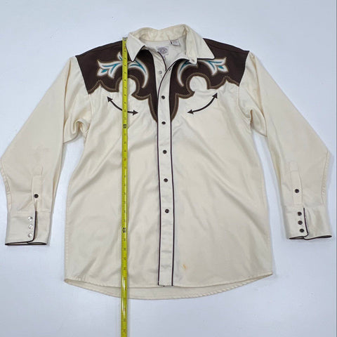 Gibson Trading Company Men's Cream Brown Embroidered Western Snap Shirt Sz M