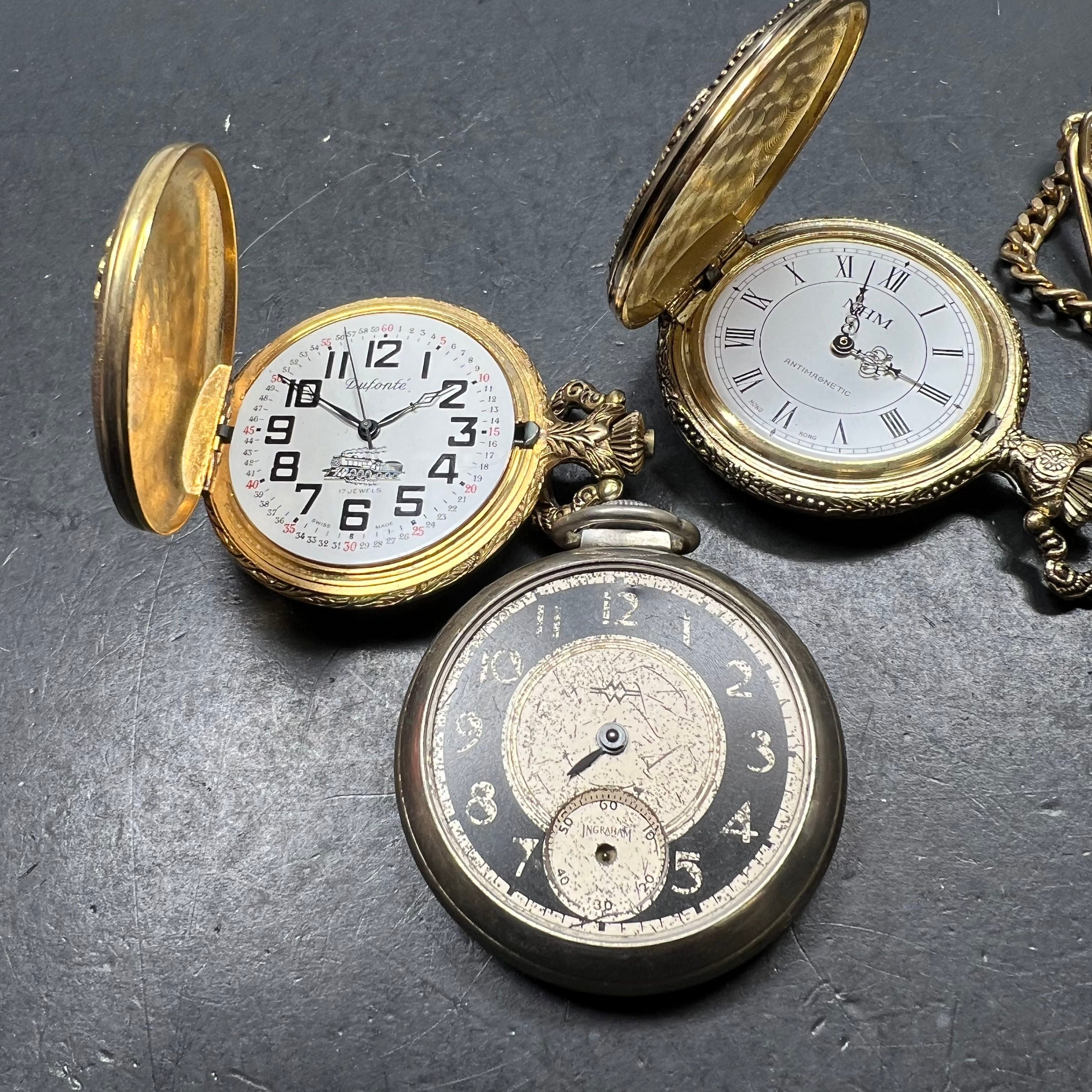 Lot of 3 Gold Tone Pocket Watches Fair Condition for Prop Repair Parts