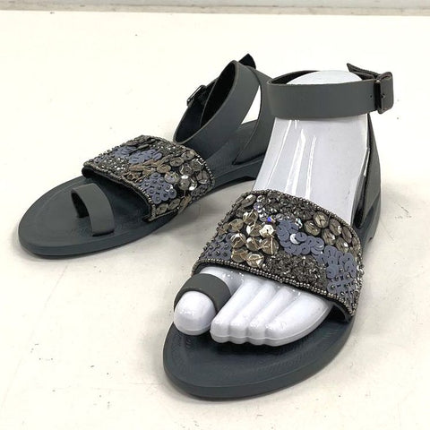 Free People Grey Beaded Sequin Ankle Strap Toe Loop Flat Sandals Size EU 37 US 7