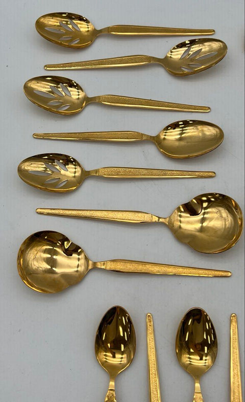 Vintage Gold Tone Flatware Set 21pc Bark Texture Handle Assorted Serving Pieces