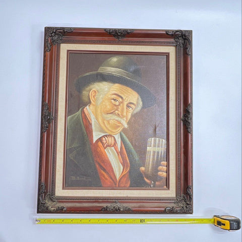 Ballard Oil on Canvas Portrait Man with Beer 17x20 Mid-Century Signed Painting