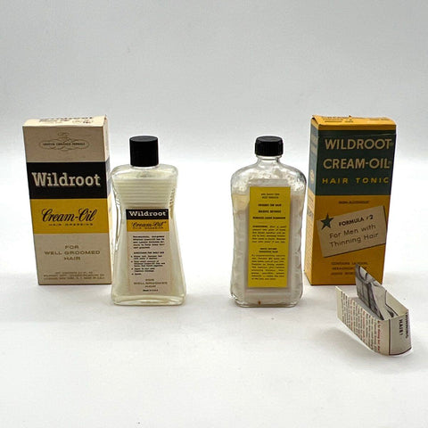 Vintage Wildroot Men's Cream-Oil Hair Tonic Dressing Glass Bottles Set 3.5 Oz