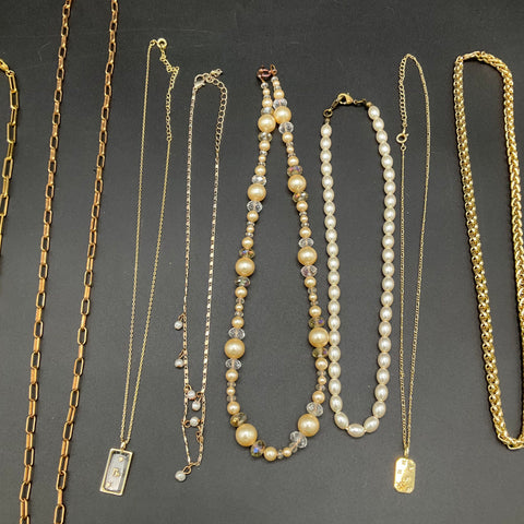 Gold Tone Faux Pearl Paperclip Chain Jewelry Lot 12 Wearable Fashion Necklaces