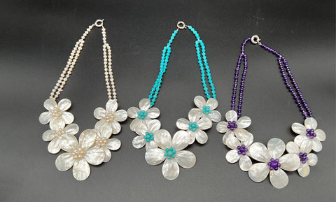 Lot of 3 Mother of Pearl Carved Flower Statement Necklaces Beaded Pearl & Stone