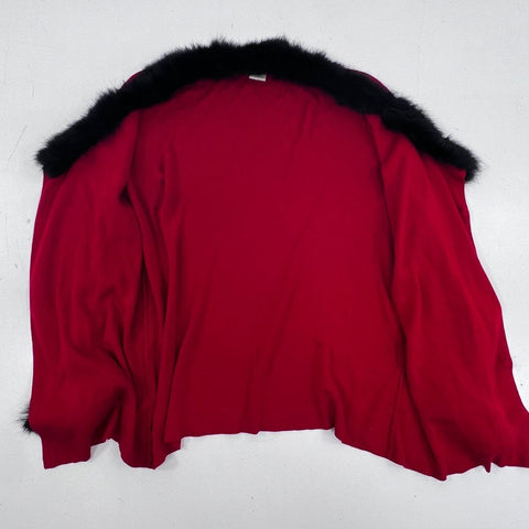 Due per Due Women's Red 100% Silk Cardigan Black Fur Trim Vintage Sz L