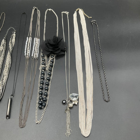Fashion Costume Jewelry Lot of 8 Necklaces Silver Black Tone Flower Pearl Tassel
