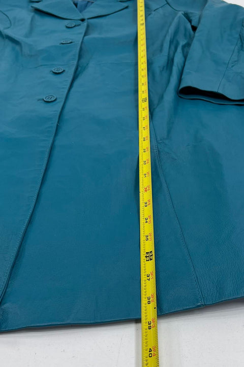 Vintage 80s Roaman's Teal Leather Double Breasted Coat Women's Plus