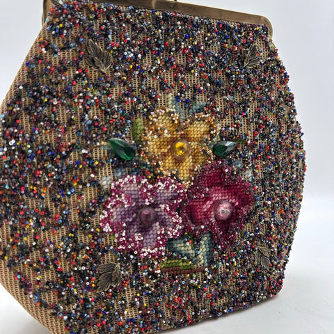 Vintage 1950s Soure Bag New York Tan Beaded Floral Lucite Handle Handbag Purse