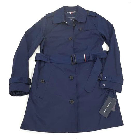 Tommy Hilfiger NWT Navy Blue Single Breasted Belted Trench Coat Jacket Women's