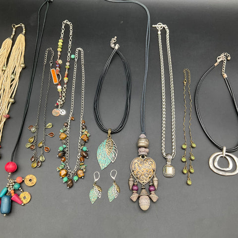 Mixed Boho Jewelry Lot 11 Necklaces & Earrings Beaded Cord Pendant Fashion Lot