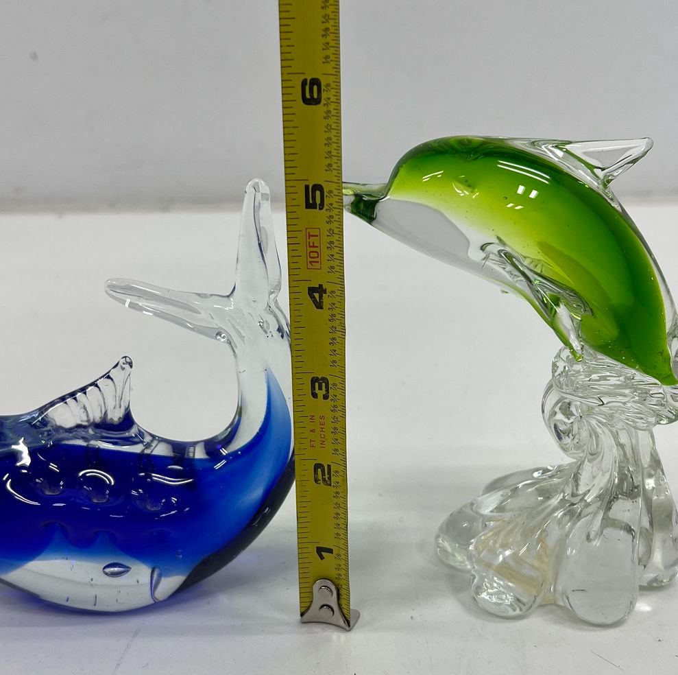 Vintage Murano Style Art Glass Dolphin Figurines Lot 2 Cobalt Blue Lime Green