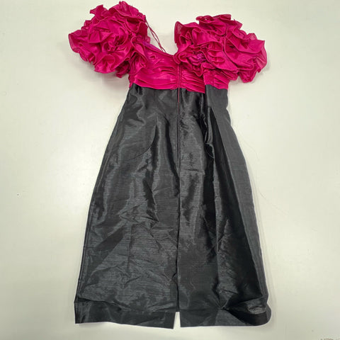 Vintage 80s Cattiva Ruffle Poof Sleeve Prom Party Dress Taffeta Pink Black Sz 10