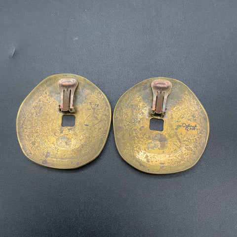 Vintage Deborah West Brass Clip On Earrings Large Abstract Coin Design 2"