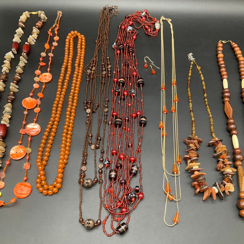 Boho Beaded Costume Jewelry Lot 1.2 Lbs Earthy Wood Shell Multi-Strand Necklaces