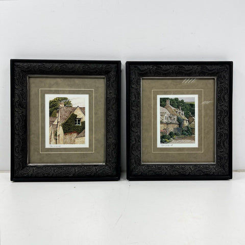 Tom Caldwell Signed Prints English Cotswold Cottages Framed Set of 2 18x20