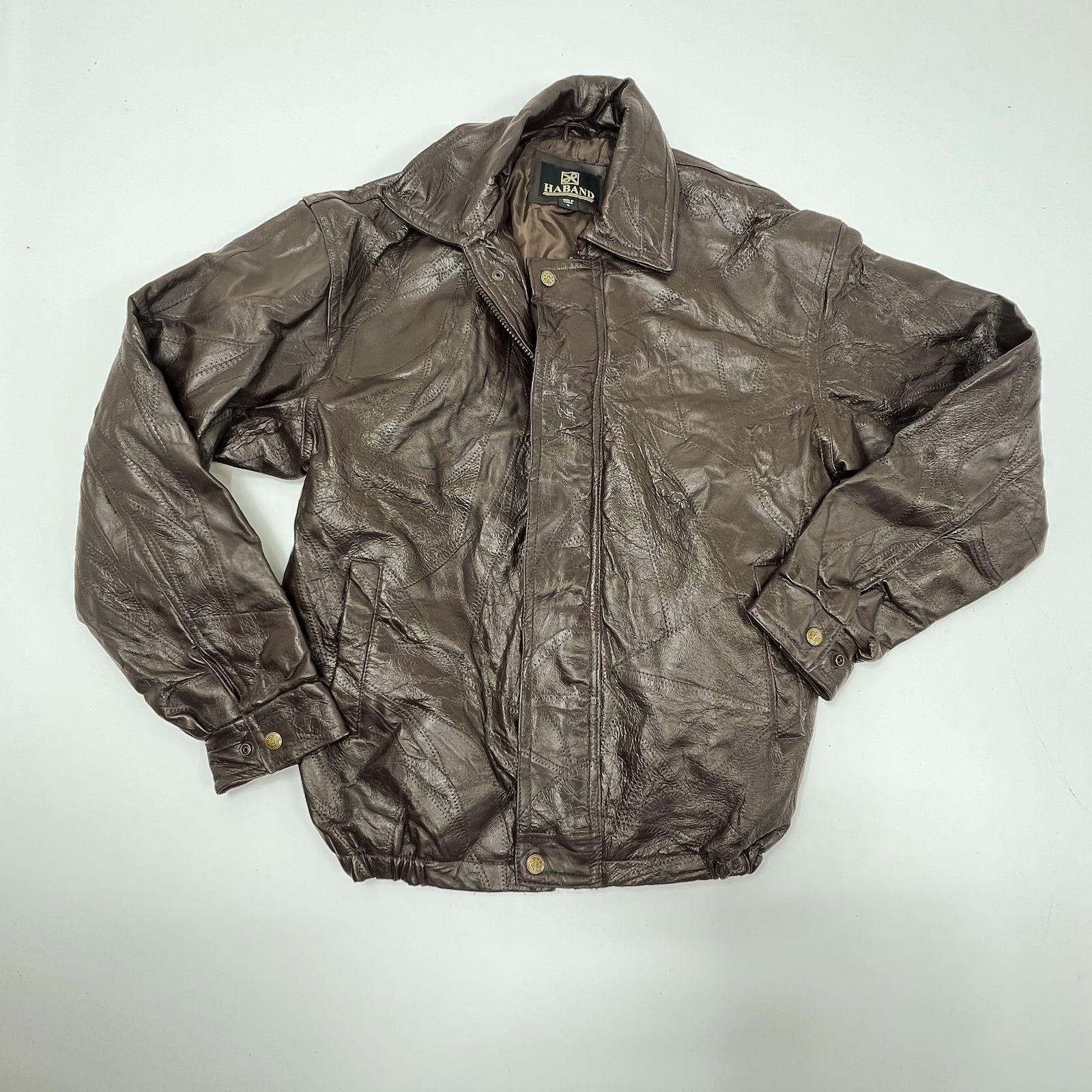 Vintage 90s Haband Brown Patchwork Genuine Leather Bomber Jacket Mens S
