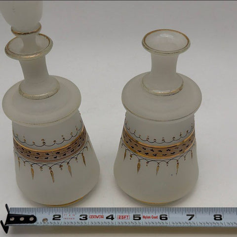 Vintage Frosted Satin Glass Decanter Set Gold Trim Hand Painted 2 Pcs 1 Stopper