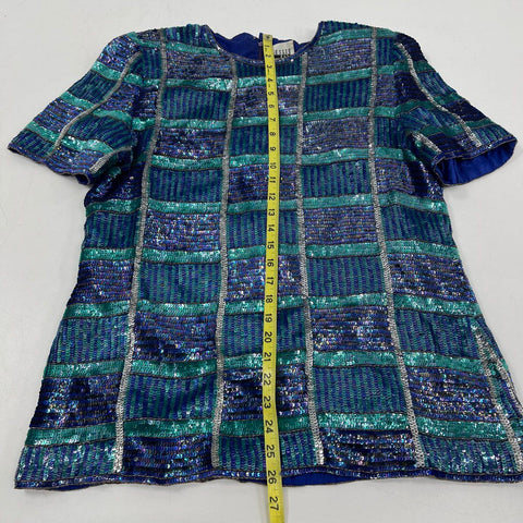 Vintage 90s Leslie Fay Women's Blue Silk Sequin Beaded Striped Evening Top Sz XL