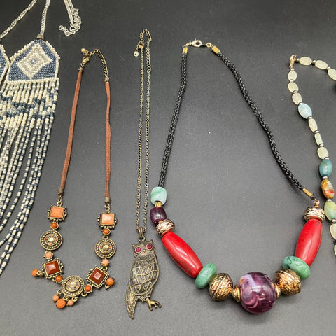 Vintage and Modern Fashion Jewelry Lot of 8 Necklaces Beaded Boho Statement Owl