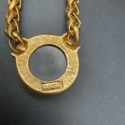 Vintage Napier Gold Tone Black Enamel Domed Pendant Woven Chain Necklace 26"