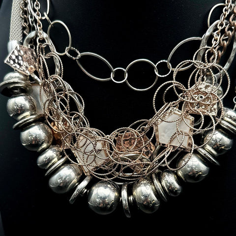 Statement Fashion Bib Necklaces Lot 2pc Gold & Silver Tone Multi-Strand Boho