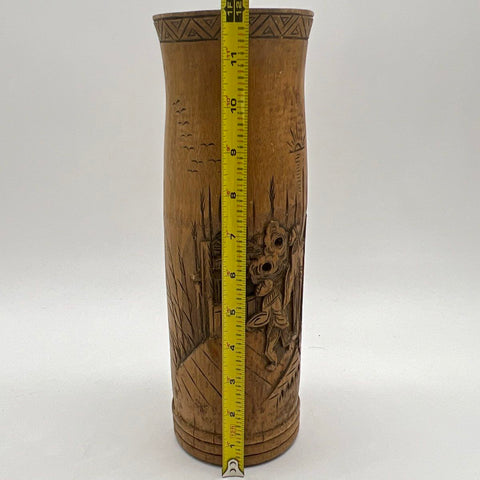 Vintage Hand Carved Bamboo Vase Village Scene Asian Folk Art Brush Pot 12 Inch