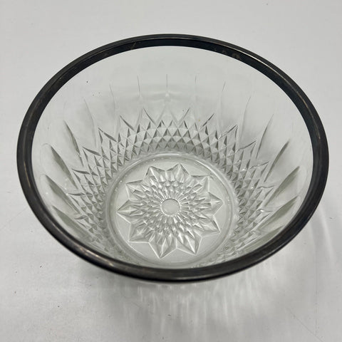 Vintage Mid-Century Cut Glass Salad Bowl Silver Plate Rim Starburst 8.5"
