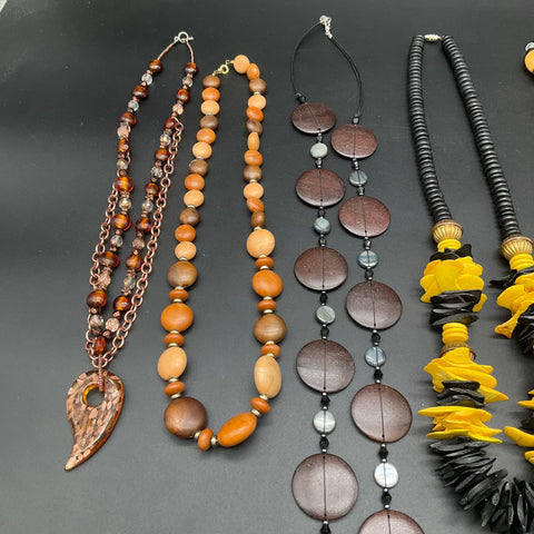 Boho Statement Wood Bead & Resin Necklace Lot of 7 Earthy Tribal Style Jewelry