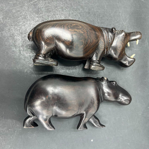 Vintage Hand Carved Hardwood Hippo Figurines Set of 2 African Art Open Mouth