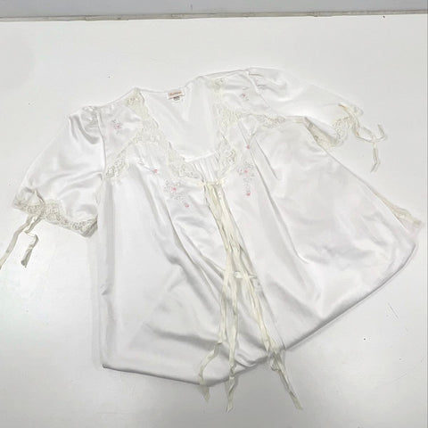 Vintage 90s Barbizon Women's White Lace Floral Embroidery Duster Robe Sz L