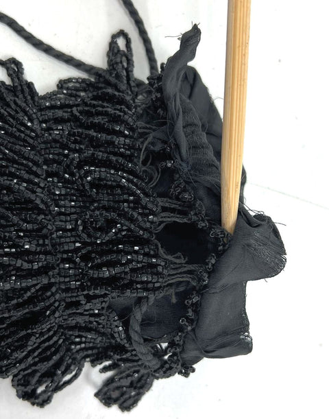 Antique Victorian Black Glass Beaded Fringe Tassel Reticule Pouch Evening Bag