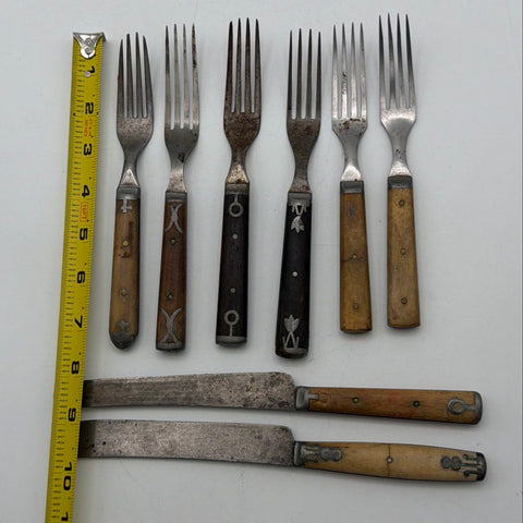 Vintage Folk Art Inlaid Handle Cutlery 8pc Set Wood Bone Steel Forks Knives