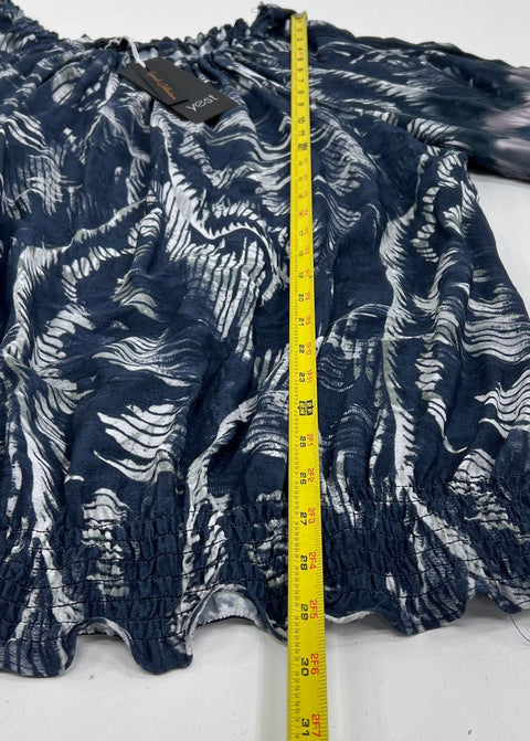 Yest Indigo Abstract Print Smocked Hem Blouson Top Women's 16 NWT