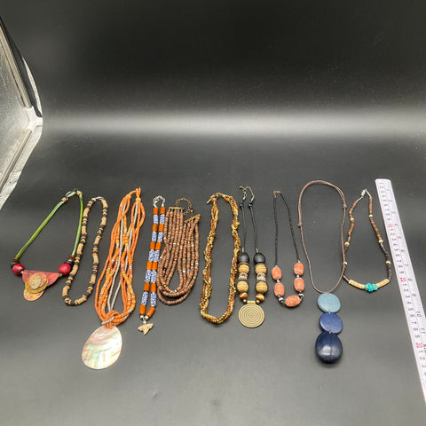 Boho Tribal Beaded Jewelry Lot 10 Necklaces Mother of Pearl Brass Wood Shell