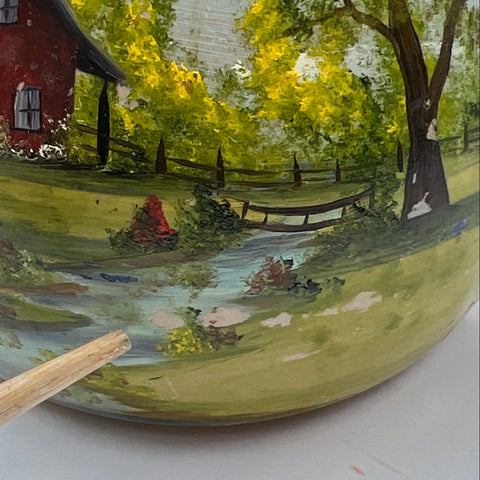 Deretha Ames Hand Painted Pottery Pitcher Landscape Red House Scenic Vintage