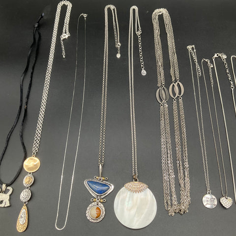 Mixed Costume Jewelry Lot 12 Necklaces Silver Gold Tone Mother of Pearl Enamel