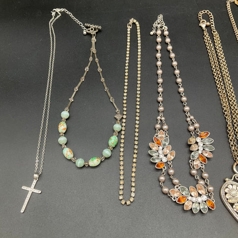 Costume Jewelry Mixed Vintage Style Lot 11 Necklaces Rhinestone Heart Cross