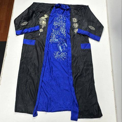 Vintage 80s Unisex Embroidered Dragon Robe Kimono Black Blue Silk Souvenir