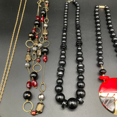 Vintage Red Black Gold Tone Statement Necklace Jewelry Lot of 7 Retro Pieces