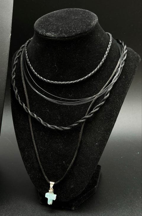 Black Cord Jewelry Lot of 12 Braided Rubber Necklaces Larimar Style Cross