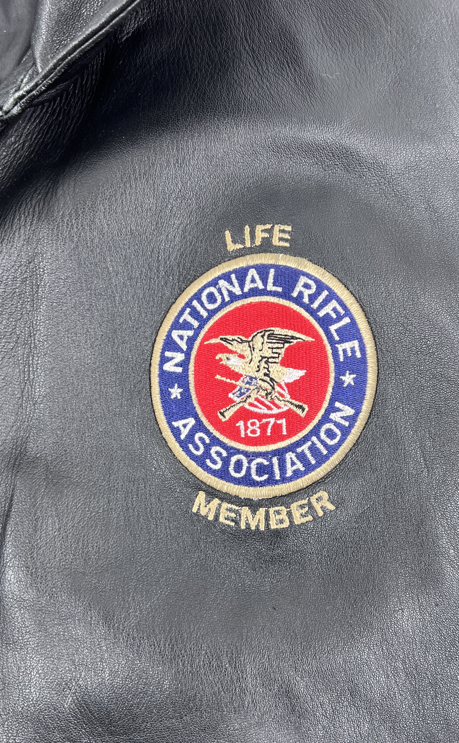 Burks Bay Black Leather NRA Life Member Bomber Flight Jacket Men's XL